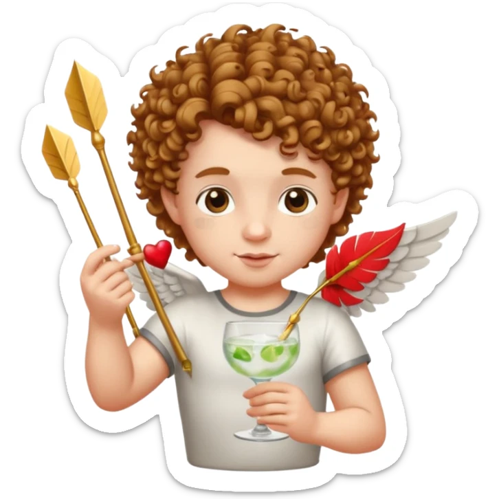 Cupid (with wings) with his arrow in his right hand, mixing a glass of Gin Tonic in his left hand sticker