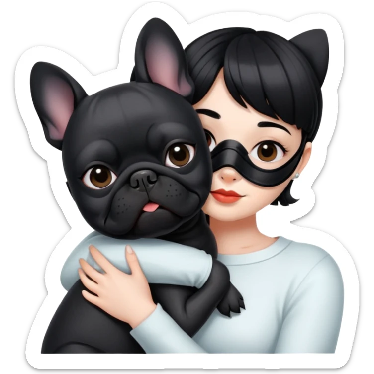 girl with short black straight bangs hair wearing a mask and hugging a black French bulldog sticker
