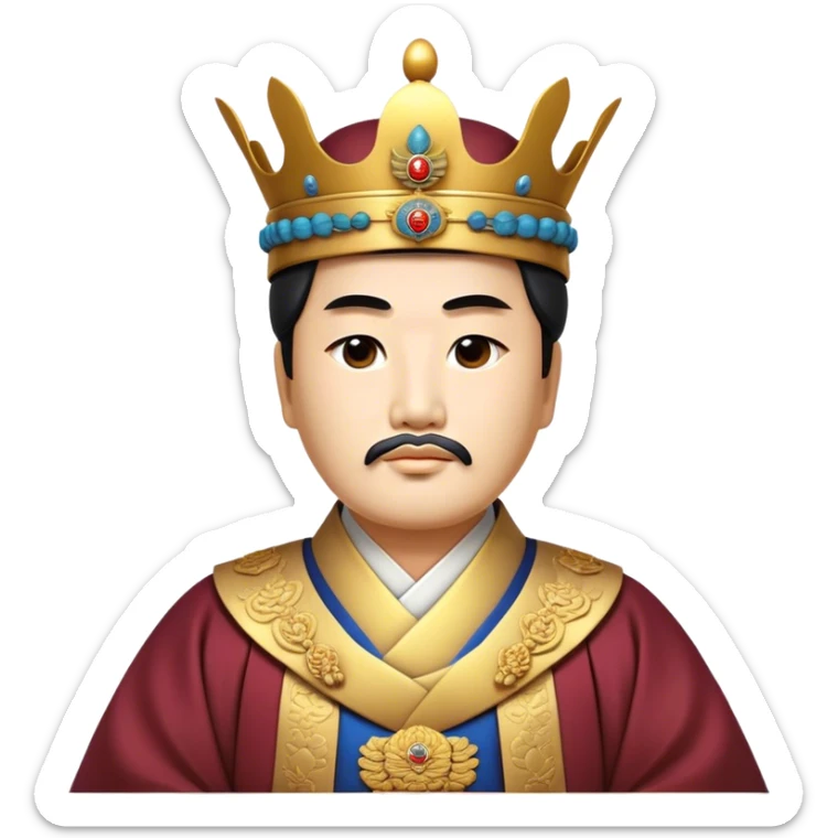 Cinematic Realistic King Sejong Portrait Emoji, depicted as a wise benevolent monarch in traditional Korean royal attire with a thoughtful gaze, rendered with intricate textures and regal soft lighting that captures his historical significance. sticker