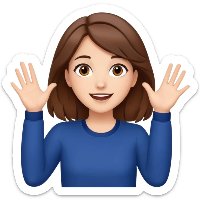 Beautiful Girl with brown hair super excited stars instead of eyes  cartoon style navy blue hands in the air  sticker