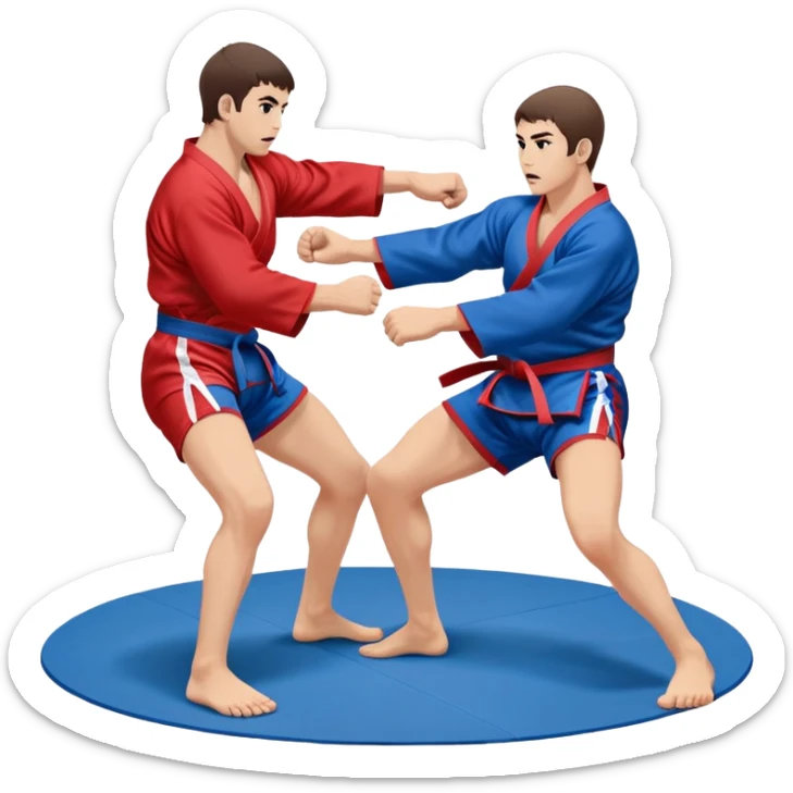 Two Sambo fighters in blue and red kimonos, with shorts and wrestling shoes, performing grappling and throwing techniques. The background shows a wrestling mat and an intense, focused atmosphere. Transparent background highlights the fluidity and skill of the sport without strikes. sticker