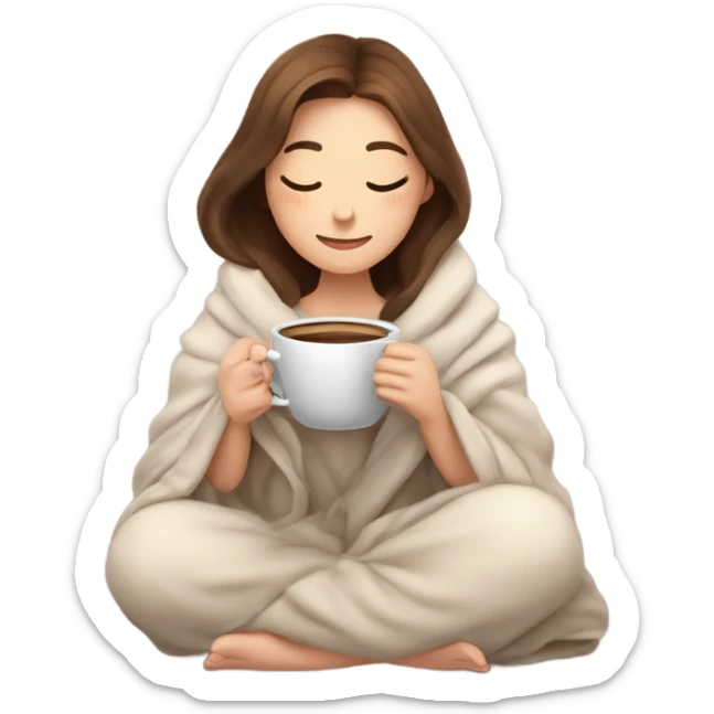 A cozy, heartwarming illustration of a beautiful girl with fair skin and brown hair, sitting comfortably under a soft blanket. She is holding a steaming cup of coffee with both hands, exuding warmth and relaxation. sticker