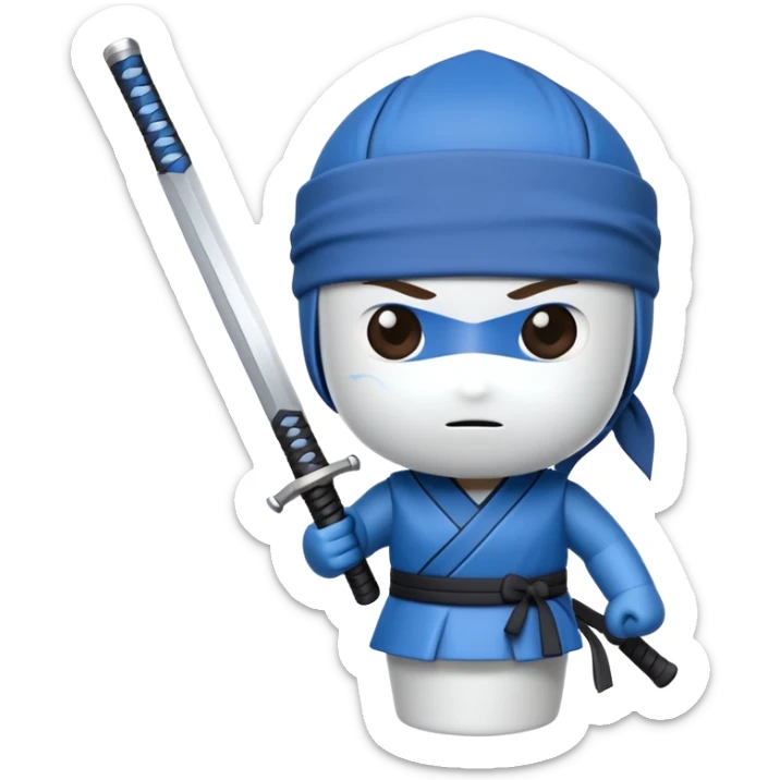 A cartoon to-go coffee cup with a blue ninja headband around the lid and holding a katana sword sticker