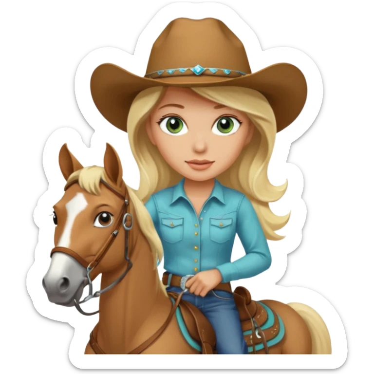 one blonde with light blue green eyes cowgirl on a quarter horse sticker