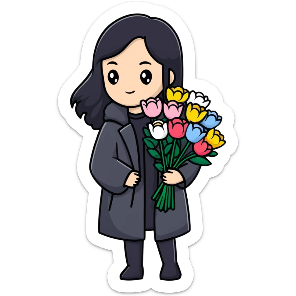beautiful girl with long black hair wearing a black coat holding a bouquet of flowers sticker