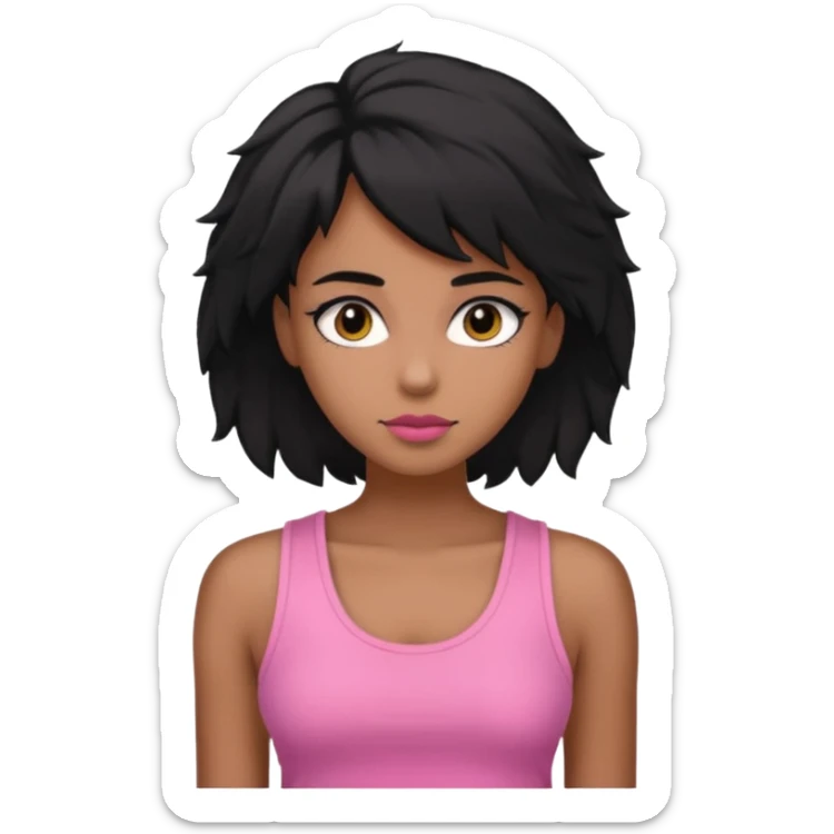 chica morena , corte de cabello negro y un poco despeinado, con una blusa de tirantes simple, rosa y coquette sticker