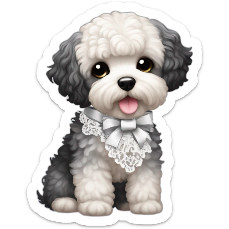 Maltipoo, black and white hair, anime style with coquette lace ribbon sticker