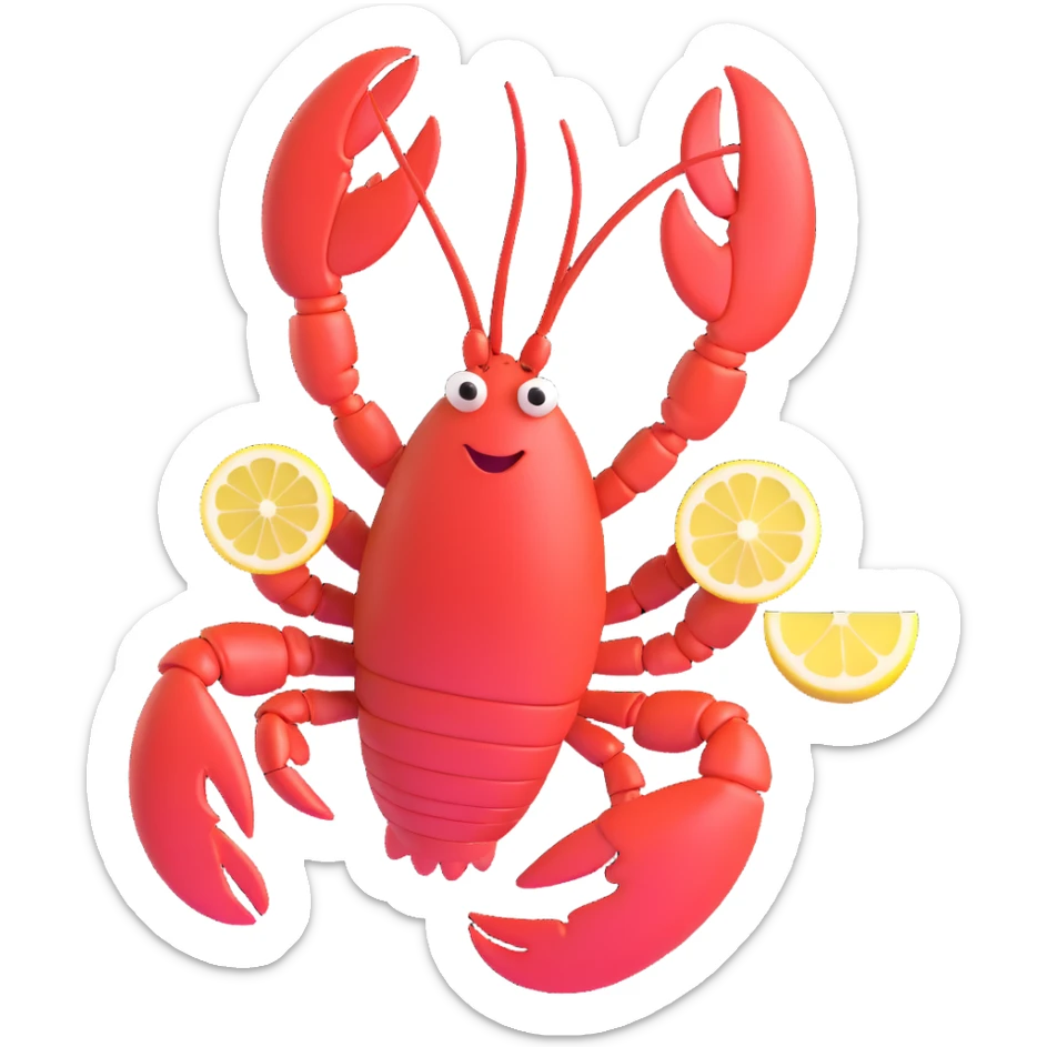 lobster dancing with a lemon in its mouth, spinning 360 degrees, emoji style sticker