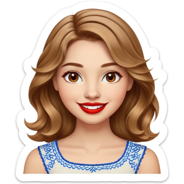 Cheerful woman with clear skin, round face, wide friendly smile, big light brown eyes, vibrant red lipstick, shoulder-length wavy dark blonde hair with light highlights, white top with blue embroidery and electric blue neckline sticker