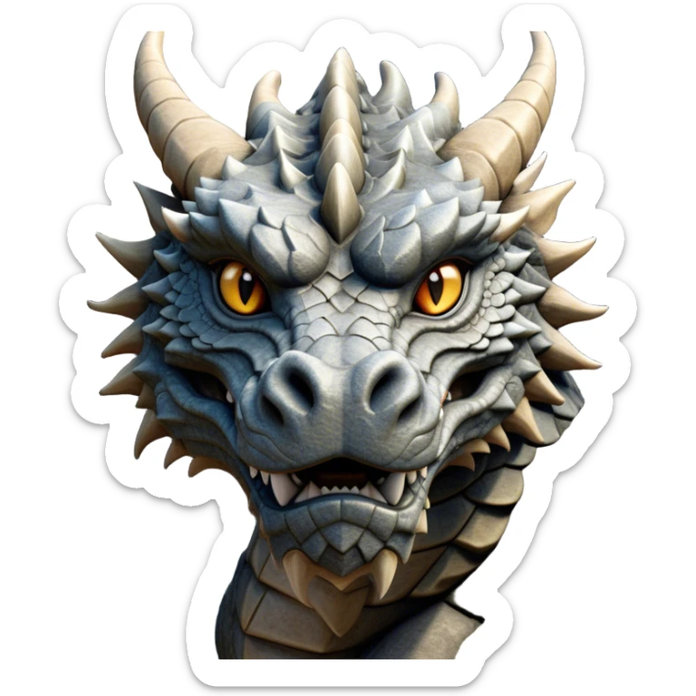 Cinematic Noble Giant Rock Dragon Portrait Emoji, Poised and awe-inspiring, with a massive, rugged form carved from ancient stone, featuring intricately textured scales that resemble weathered granite and basalt, and piercing, stony eyes echoing the strength of timeless mountains; rendered with lifelike detail and earthy natural highlights, high shine, formidable and grounded, styled with an aura of primordial majesty, focused and resolute, soft glowing outline, capturing the essence of an enduring rock titan ready to surge from the screen with ageless power! sticker