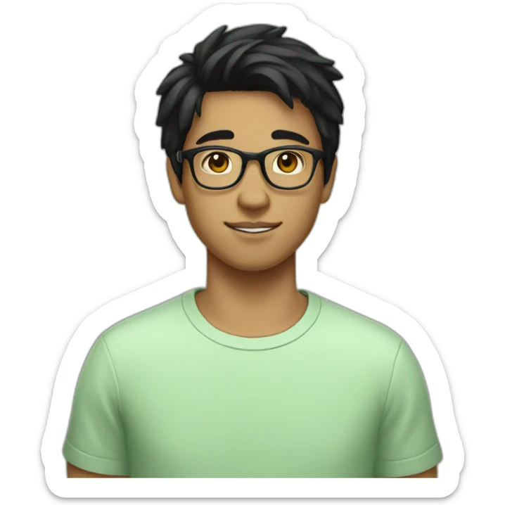teen guy with black hair wearing glasses and a light green t-shirt sticker