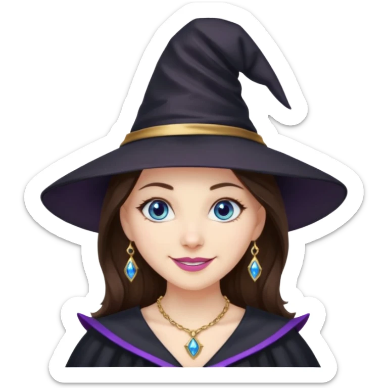 Witchy brunette haired blue eyed white girl with a witty smile a gold necklace and a black witch hat with a purple bow sticker
