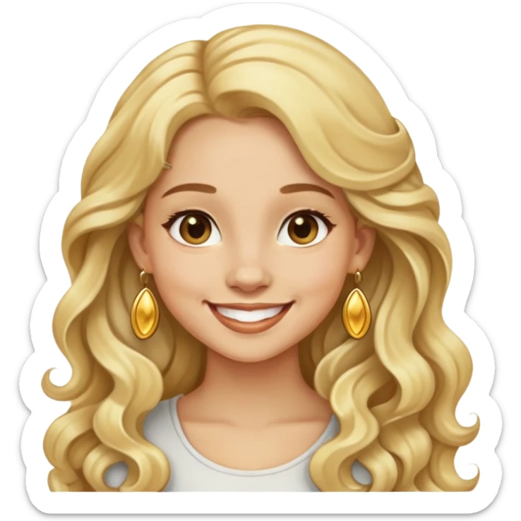 Girl showing happiness, light skin, long wavy blonde hair, gold earrings sticker