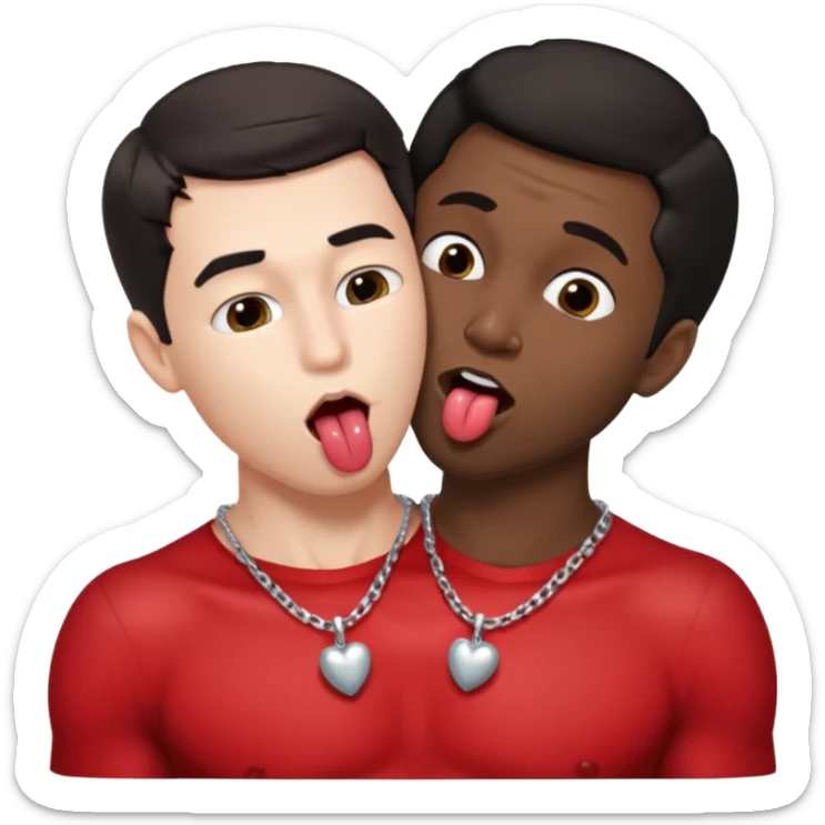 1 White adult male dark hair ,1 black adult male silver necklace, nude,kissing tongue open mouth  sticker
