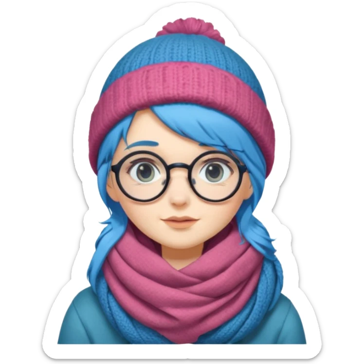 A shy blue straight hair woman with big round glasses and thick scarf and a beanie, blushing from the cold. sticker