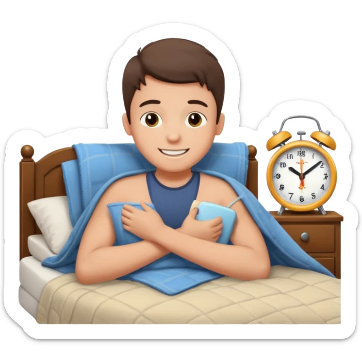 create emoji of a boy who is lying in the bed in the morning and its time to wake up  because the alarm went off he should smile  sticker