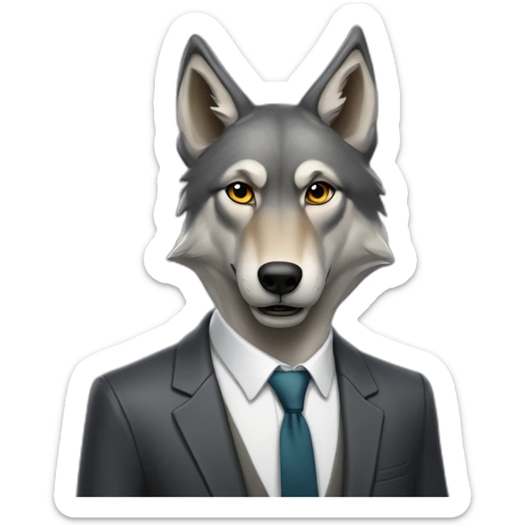 Portrait of Big Bad Gray Wolf with a human-like face wears a sleek jacket and tie like a salesman sticker