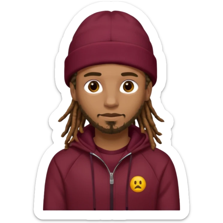 Animate a caramel skinned male with brown dreads and a tan beanie with a burgundy tracksuit on sticker