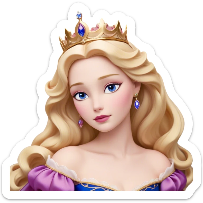 Cinematic Realistic Sleeping Beauty (Aurora) Portrait, with porcelain-like skin featuring a natural rosy flush, illuminated by soft lighting that highlights the gentle contours of her face. Her golden blonde hair flows in soft, detailed waves with subtle highlights that shimmer in the light. Her deep violet-blue eyes radiate warmth and innocence, framed by arched brows and long lashes. Her serene expression exudes quiet elegance. She is dressed in her classic pink gown, the fabric rich in texture with delicate folds that catch the light. A golden crown rests atop her head, gleaming with royal refinement. The portrait captures a soft, glowing aura, blending realism with an ethereal sense of beauty and timeless enchantment. sticker