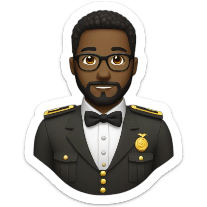 black soldier with beard, part in hair, white collared shirt, bow tie, gold glasses, bulletproof vest  sticker
