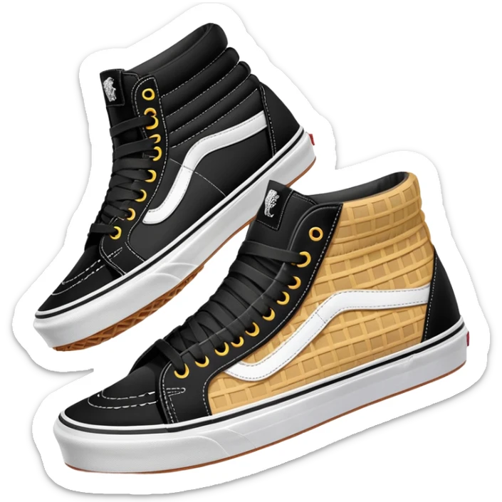 A pair of black Vans Sk8-Hi sneakers arranged with one shoe positioned behind the other, high-top skate shoes with white side stripe and waffle soles sticker