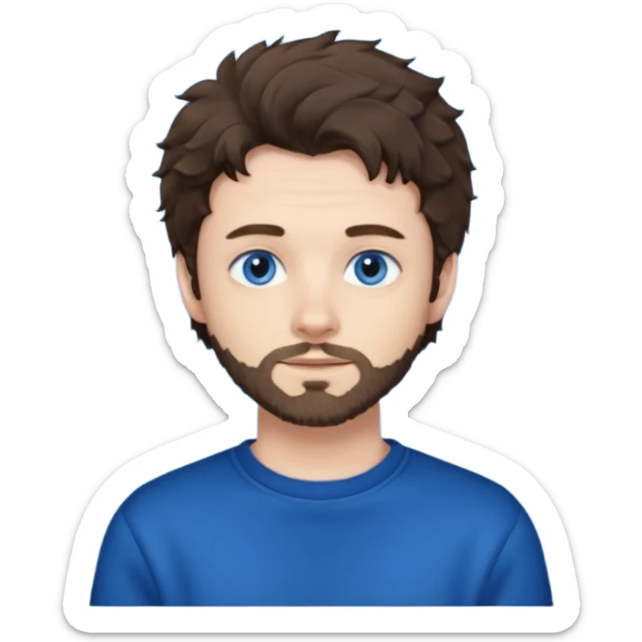 male , blue eyes , pale skin , brunette fluffy hair , dark blue sweatshirt sticker