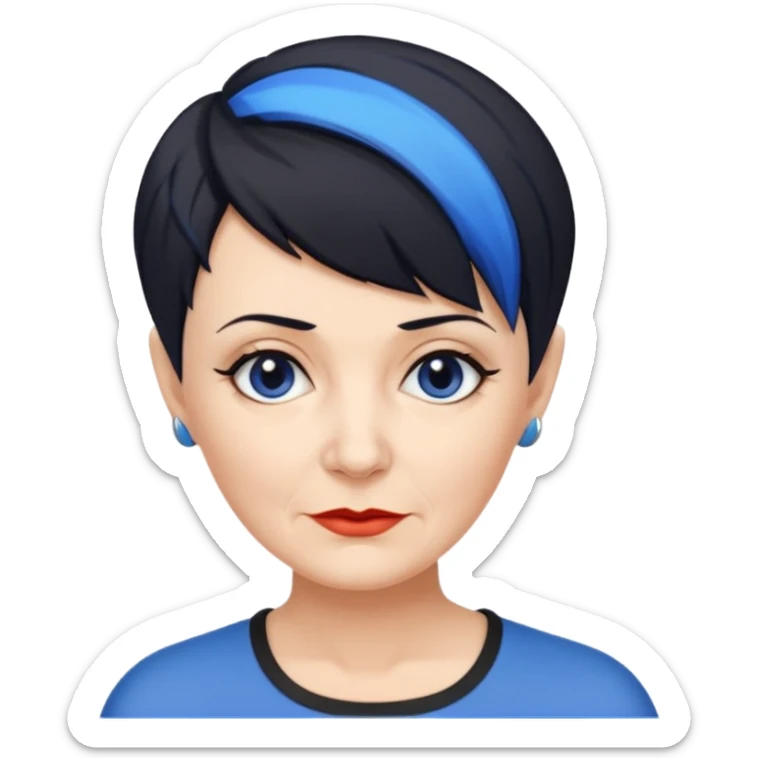 reife frau, kein kind freche extreme schwarze Kurzhaarfrisur eine Seite wirklich fast keine Haare andere Seite mit blauer Strähne kurze Seite noch viel kürzer sticker