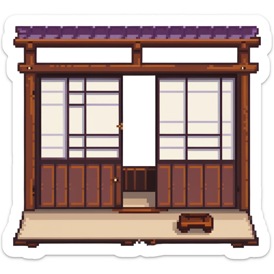 traditional Japanese house with wooden structure, sliding shoji doors, and tatami mat flooring sticker