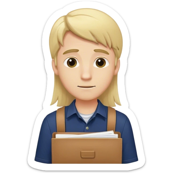 Guy with long straight blonde hair behind head and navy button up holding a school packet sticker