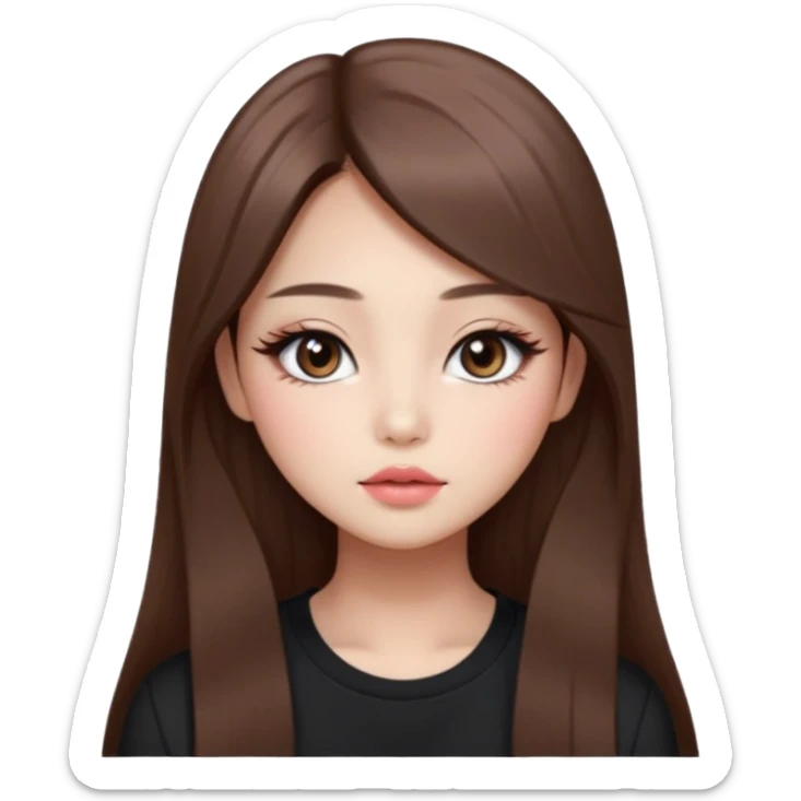 “korean straight long brown hair Emoji girl, soft eyeliner and blush, gradient lips, light brown shimmer eyeshadow sticker