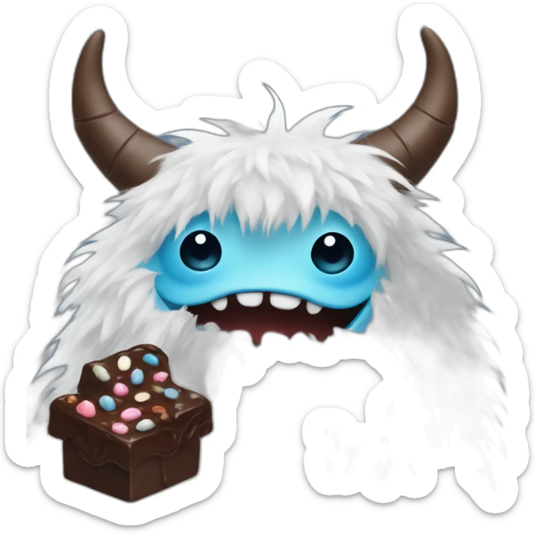 A clipart of a white and blue fur monster with very cute eyes and smile and small horns and his is holding a chocolate sticker