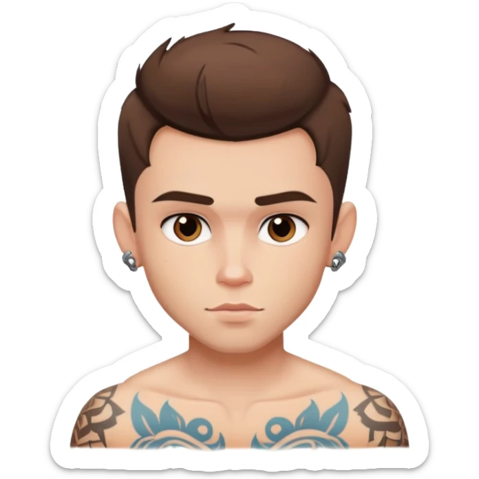pretty handsome bratz man, short brown hair, brown eyes, pale skin, defined jawline, has tattoos sticker