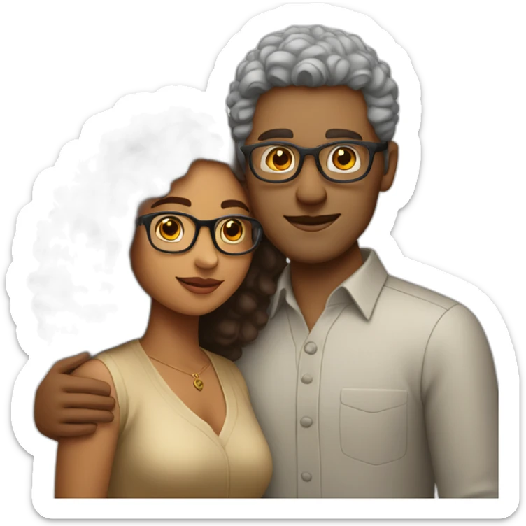 Indian woman with curly hair hugging a « tall white man wearing glasses » sticker