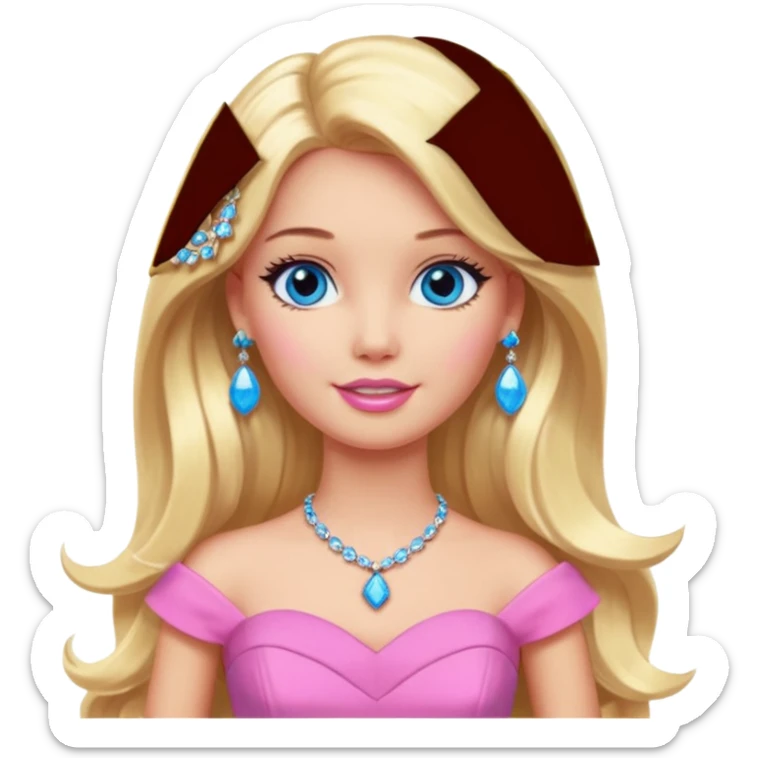 barbie, long blonde hair, pink dress, with blue eyes,different dress,ear rings, jewelry. sticker