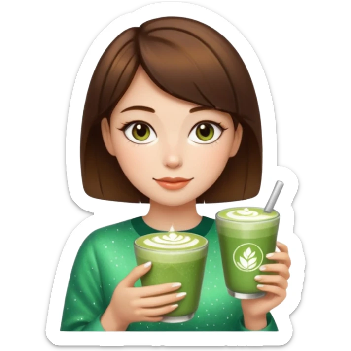 pink soft girl aesthetic short brown hair girl makeup, skincaRE, SPARKLES, AND MATCHA LATTE sticker