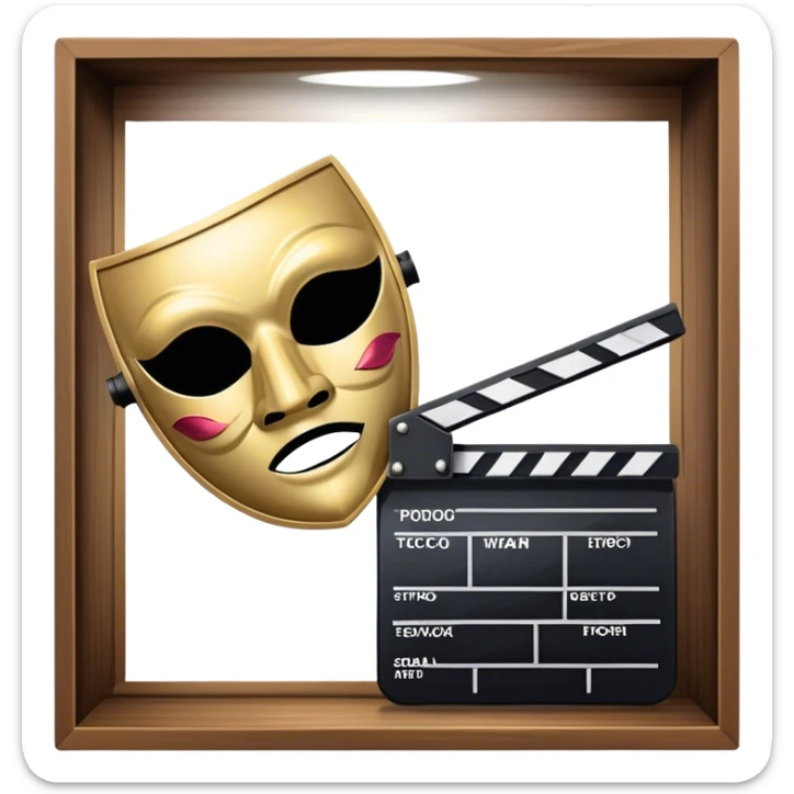 Icon for Acting in Theater and Film: a stage with a spotlight, a film camera, a clapperboard and a dramatic mask. The design should represent both theatrical performance and cinematic art. Transparent background. sticker