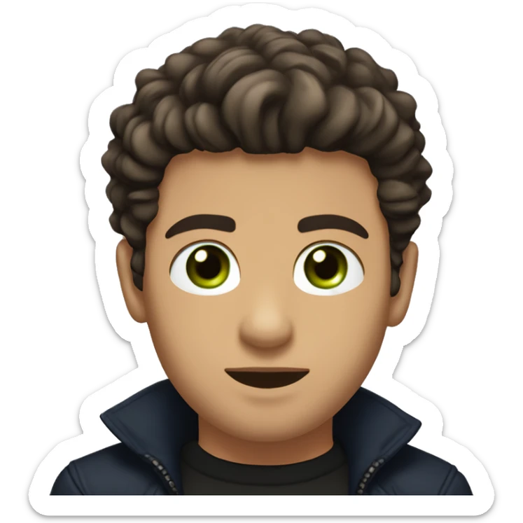 Dark Brown luscious hair for a boy with a black jacket and silver chain across neck, green eyes, navy undershirt, goatee, tanned skin, cut eyebrow, small scar on bottom lip to the right sticker