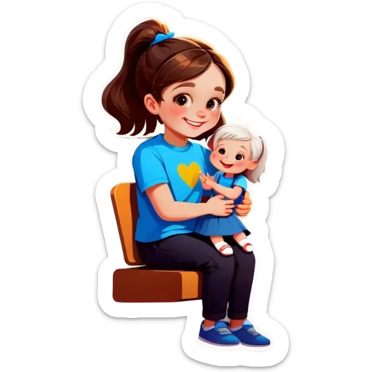 Little Girl, white skin, bronze hair, smile, tutor, bright blue t shirt sticker