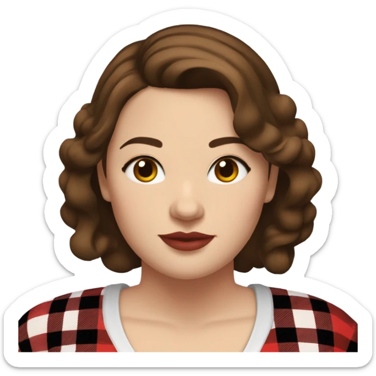 Plus size woman with brown hair and brown eyes wearing red and black buffalo plaid pjs. White skin. sticker