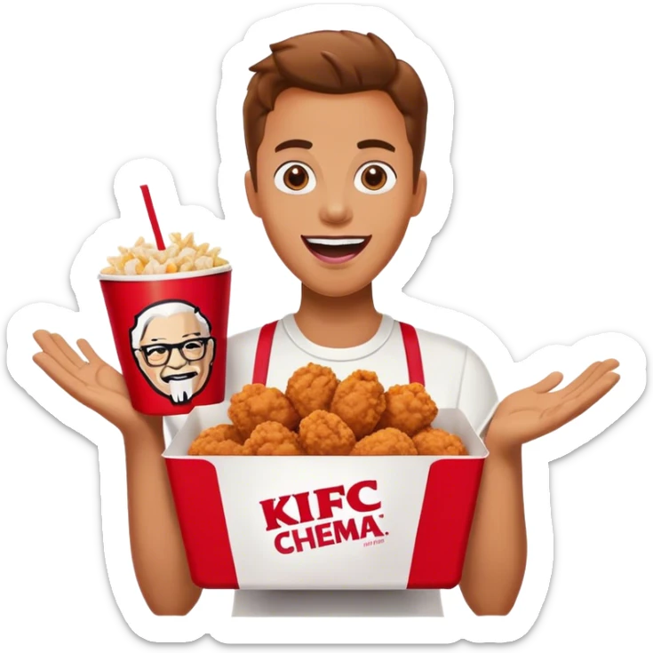 Create an emoji of a person holding a KFC meal with the phrase 'Absolute Cinema' in bold text. The person should look excited, as if they're enjoying the best meal ever. Use vibrant colors and a fun, expressive style. sticker