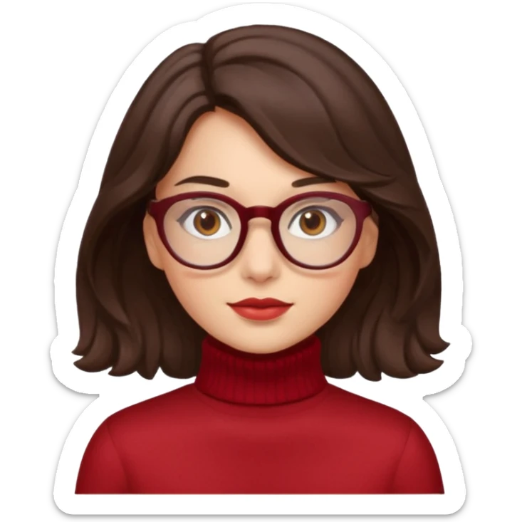 A girl has fair skin wavy dark brown hair, has glasses and almond brown eyes wears red turtle neck sticker