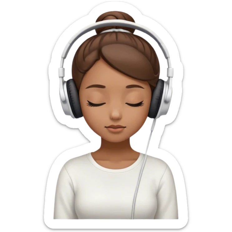 Light brown skin girl, brown hair in bun, eyes closed, white headphones on listing to music sticker