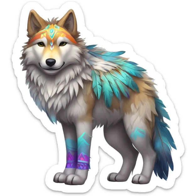 Fluffy Shy Colorful Spiritual Shamanic Wolf With Shiny Tribal Markings wearing feathers Full Body sticker