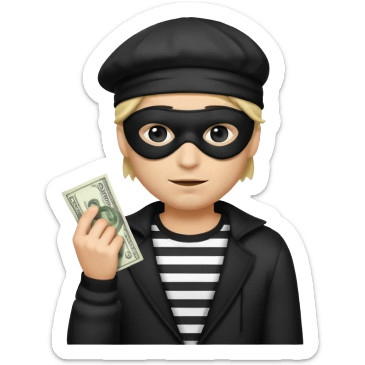 a short ios emoji-style portrait of a classic burglar, a black eye mask (looks like a blindfold) and a black-and-white striped shirt. emoji-like hair, black hat, ONE bag of money 💰 with a dollar sign in a right corner sticker