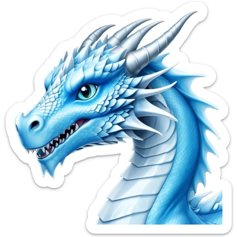 Cinematic Noble elegant Ice Dragon Portrait Emoji, Poised and imposing, distinct long elegant snout, with a slender, scaled body shimmering in glacial hues of icy blue, frostbitten silver, and crystalline white, breathing out frost, with piercing, glowing ice blue white eyes that radiate the chilling depths of an arctic storm; rendered in detail. sticker