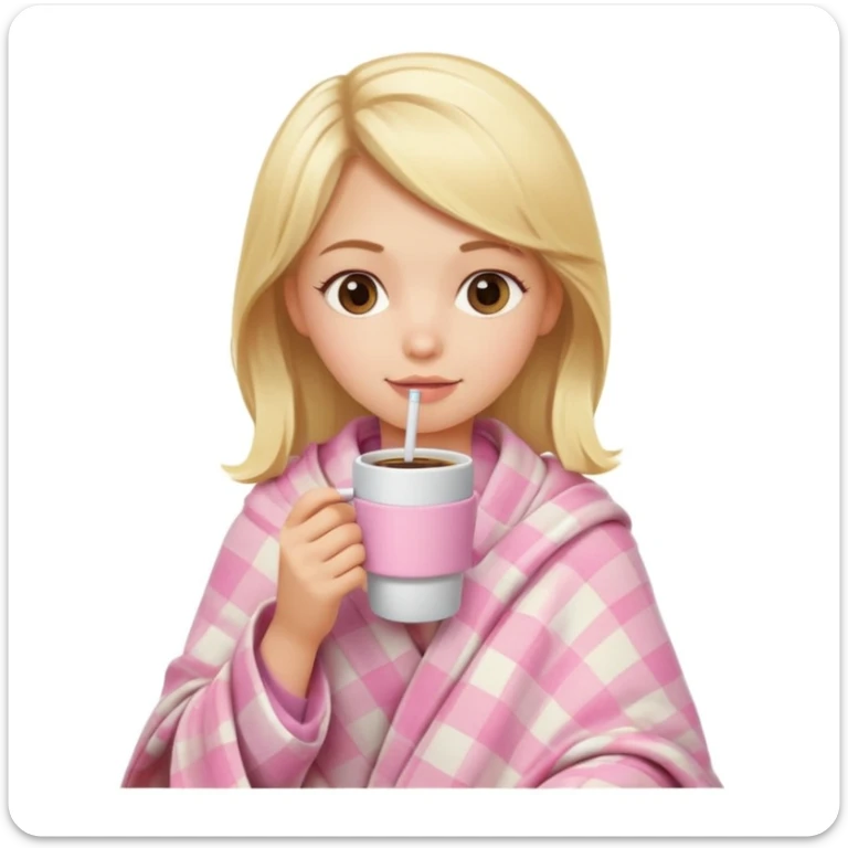 cute blonde girl wrapped in pastel pink plaid blanket drinking coffee sticker