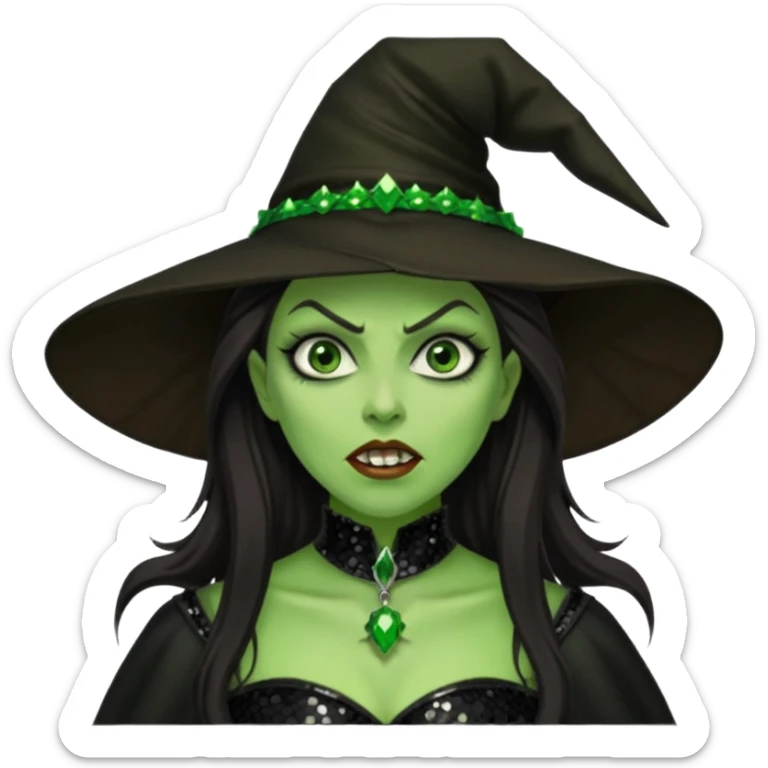 The Wicked Witch from The Land of Oz with green skin, long dark brown hair, black sequin outfit sticker