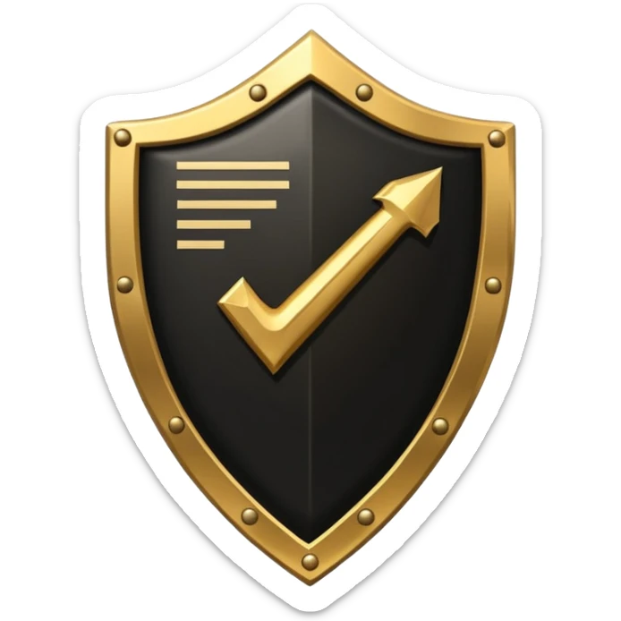 Black and gold emoji of a cracked shield reforming around a checklist with one strong tick, symbolising discipline rebuilt after failure, luxury minimal style, transparent background. sticker
