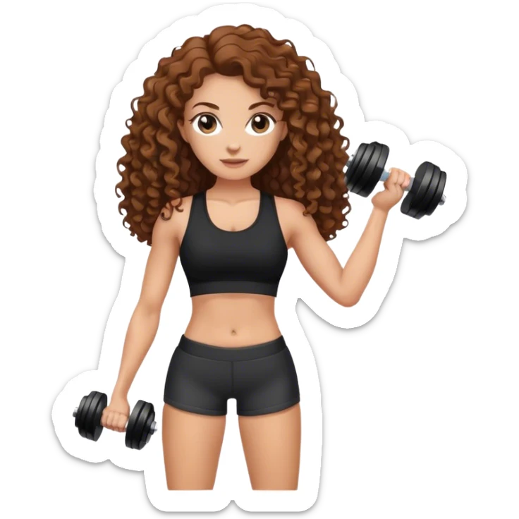 white woman with long brown curly hair in black top and shorts holding dumbbell sticker