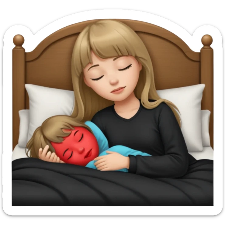 Young woman with long dark blond hair all around her, and a bang, sleeping in bed  with black pyjama  sticker